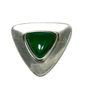 Corocraft Brooch Triangle Green Glass Modernist Pewter Tone Vintage Estate